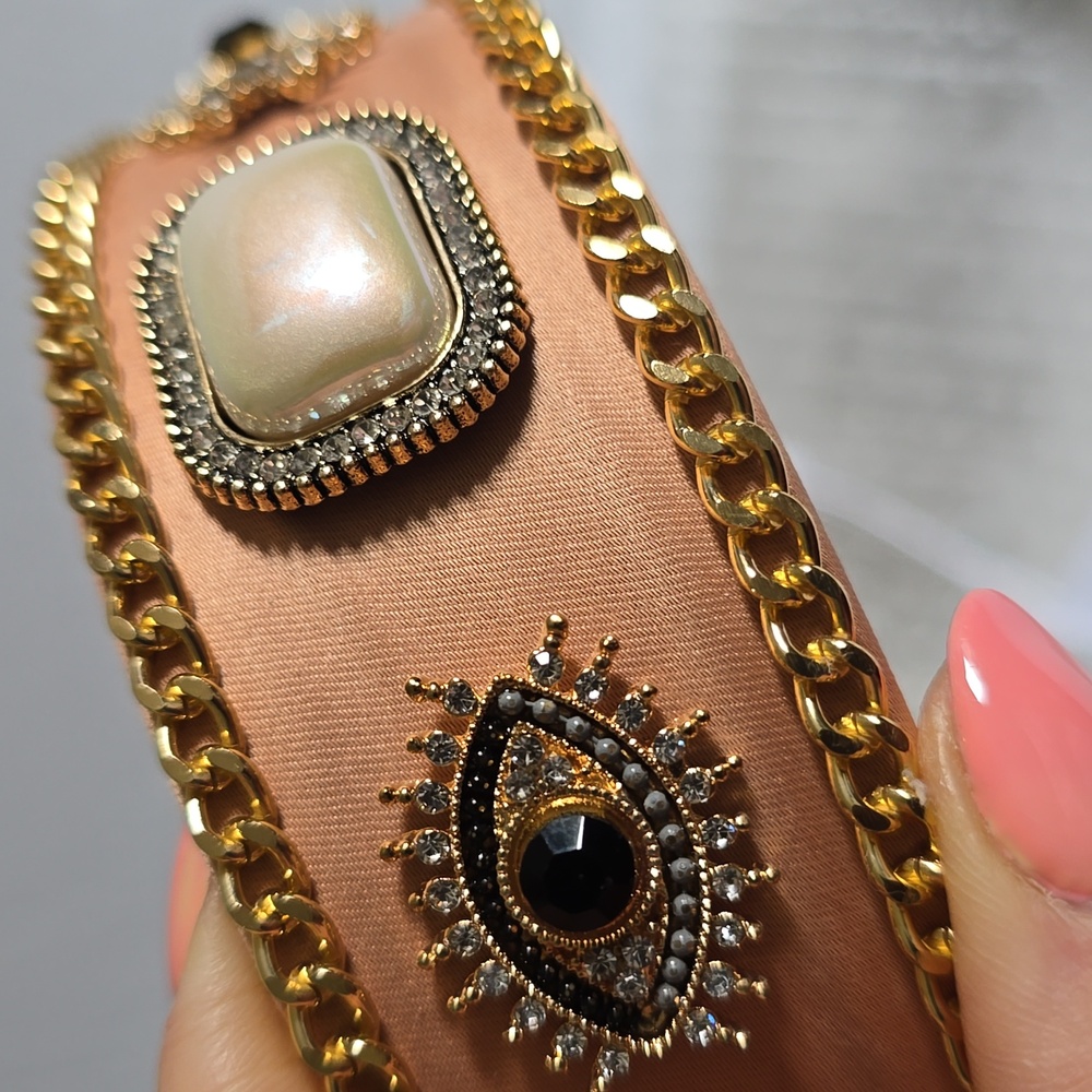 Embellished Tan Headband with Pearl And Gold Accents - Picture 7 of 7
